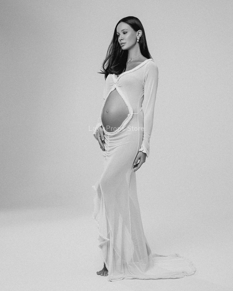 Vestidos de maternidad Vestido de fiesta de maternidad elegante con dobladillo con volantes de diseño hueco Perfecto para sesiones de fotos de maternidad - imagen 5