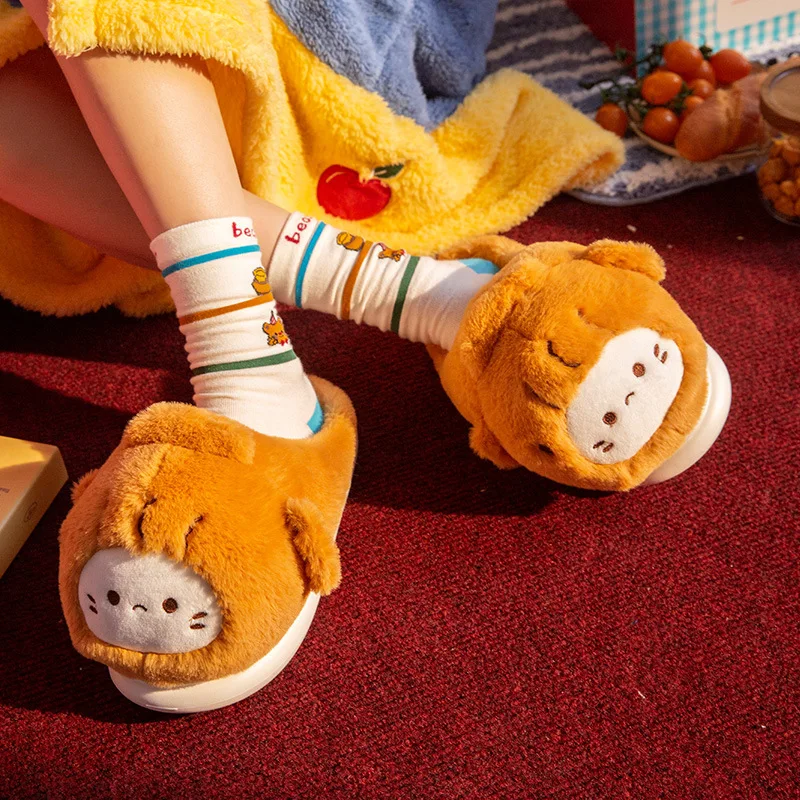 Bonitas zapatillas mullidas Taiyaki para mujeres y hombres, zapatos de casa de invierno, antideslizantes, cálidas, de piel sintética, divertidos amantes de los dibujos animados, toboganes para el suelo del hogar - imagen 2