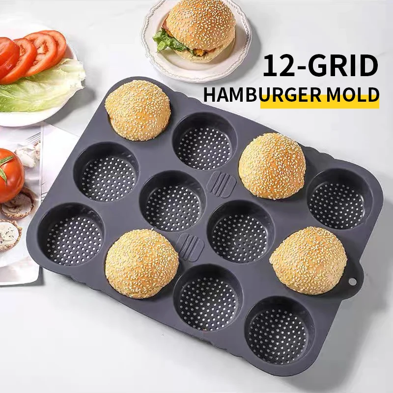 Molde de silicona para hornear pan con forma de huevo de hamburguesa de celosía, molde para hornear de grado alimenticio, redondo, cuadrado, poroso, 12/8/4