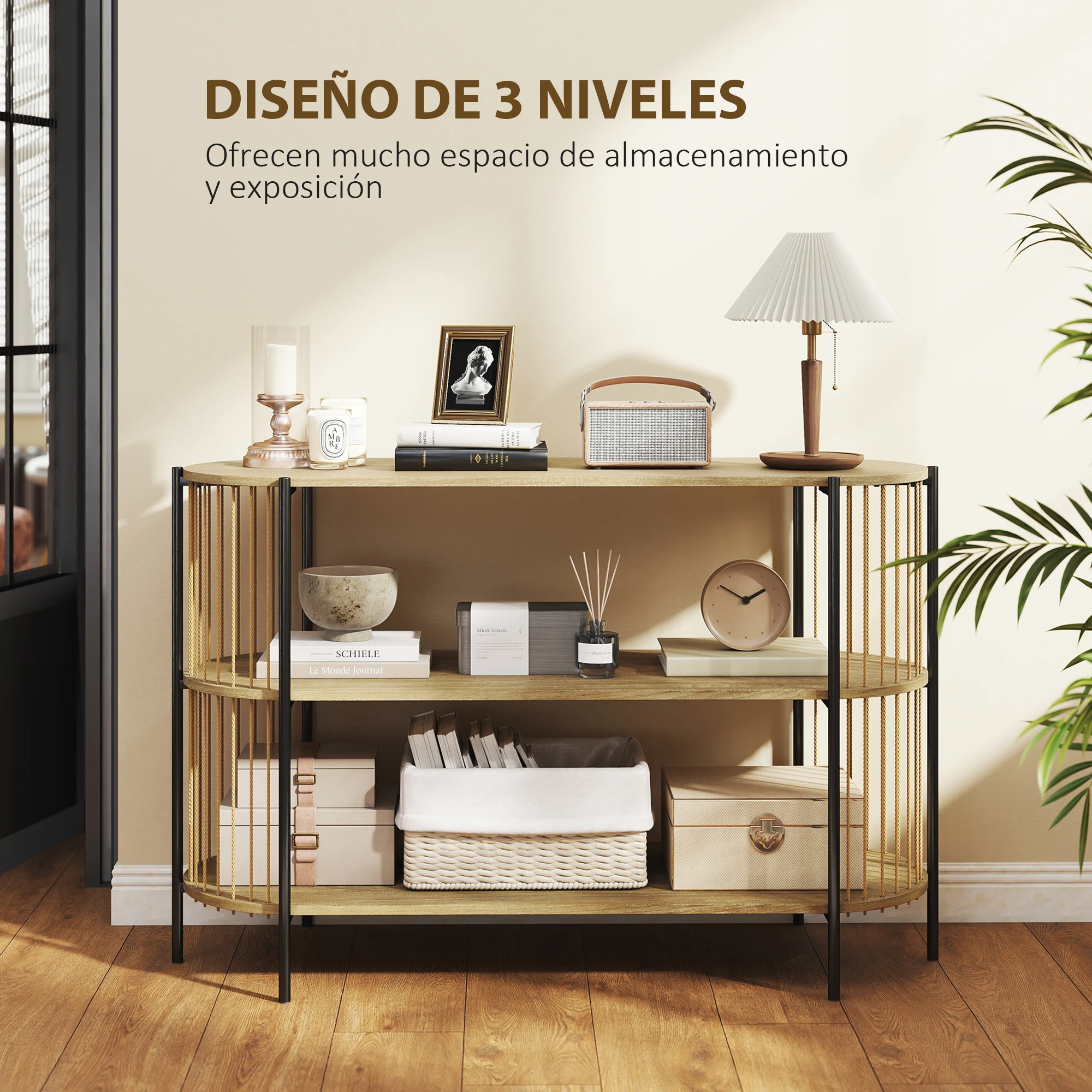 HOMCOM Mesa de Consola con Cuerda de Papel Trenzada a Mano Consola Recibidor de 3 Niveles con Marco de Acero Estilo Bohemio para Entrada Sala de Estar 124x43,5x80 cm Natural - imagen 5