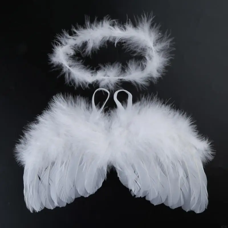 2 unids/lote de alas de plumas de Ángel para bebé recién nacido con diadema, traje infantil, accesorios para fotos, disfraz de Halloween Unisex - imagen 2