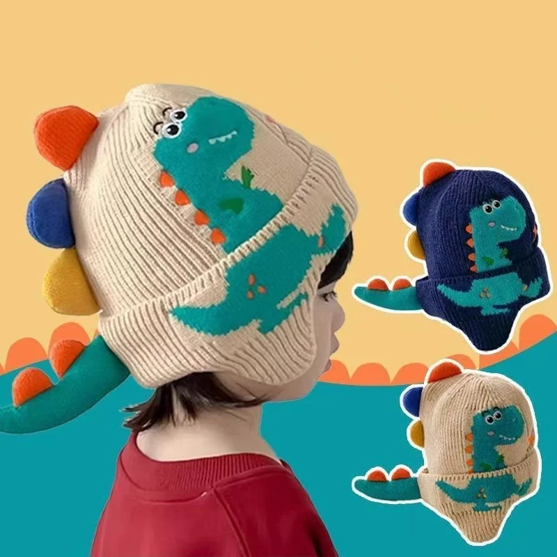 Gorro cálido de invierno con protección para los oídos para bebé, gorro súper bonito de dinosaurio 3D para niños, gorros tejidos de lana con dibujos animados para niños de 1 a 6 años