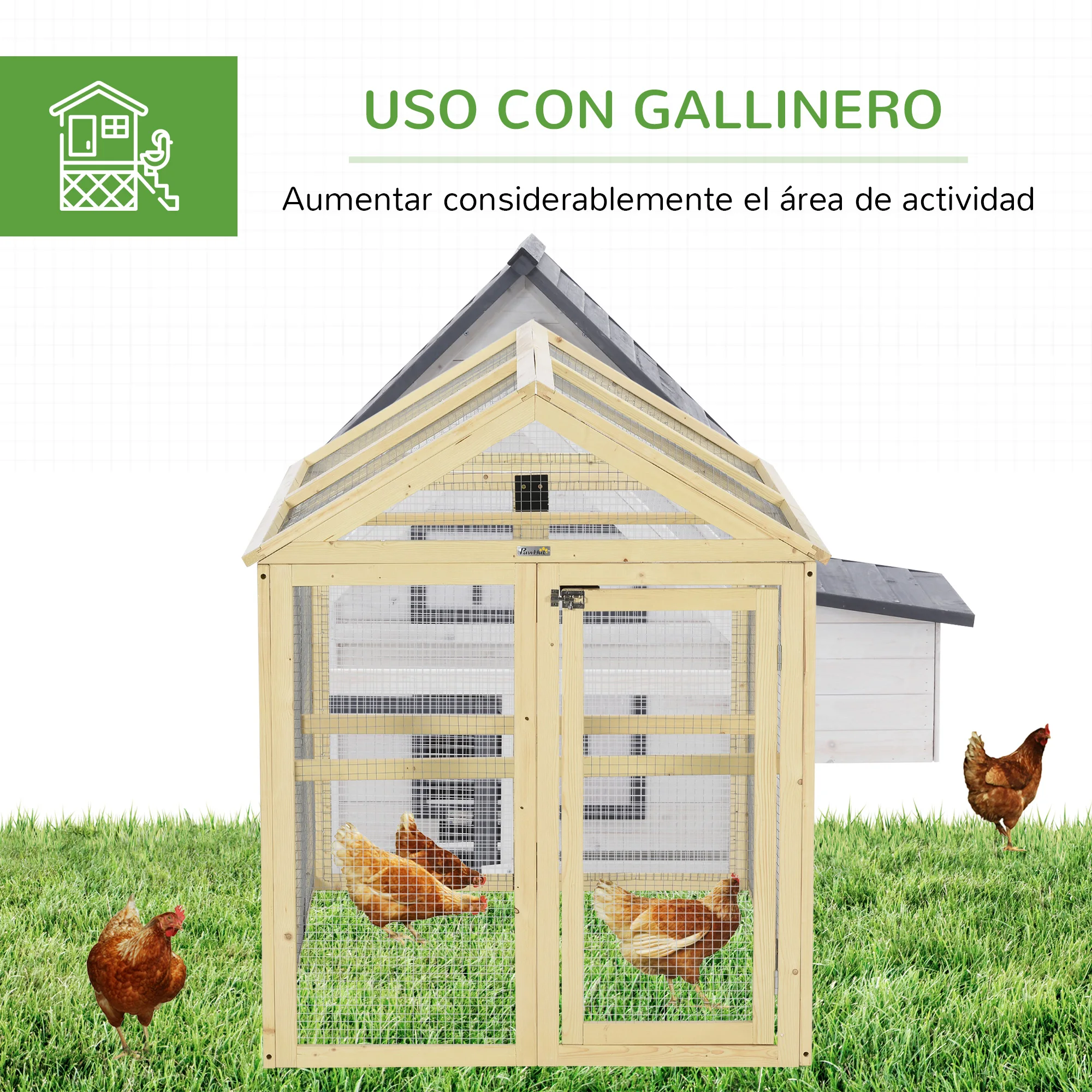 PawHut Gallinero para Exterior, 140x88,5x106 cm, Gallinero de Madera para 1-3 Gallinas con 3 Perchas y 2 Puertas con Cierre, para Gallinas, Conejos, Patos, Madera Natural - imagen 4