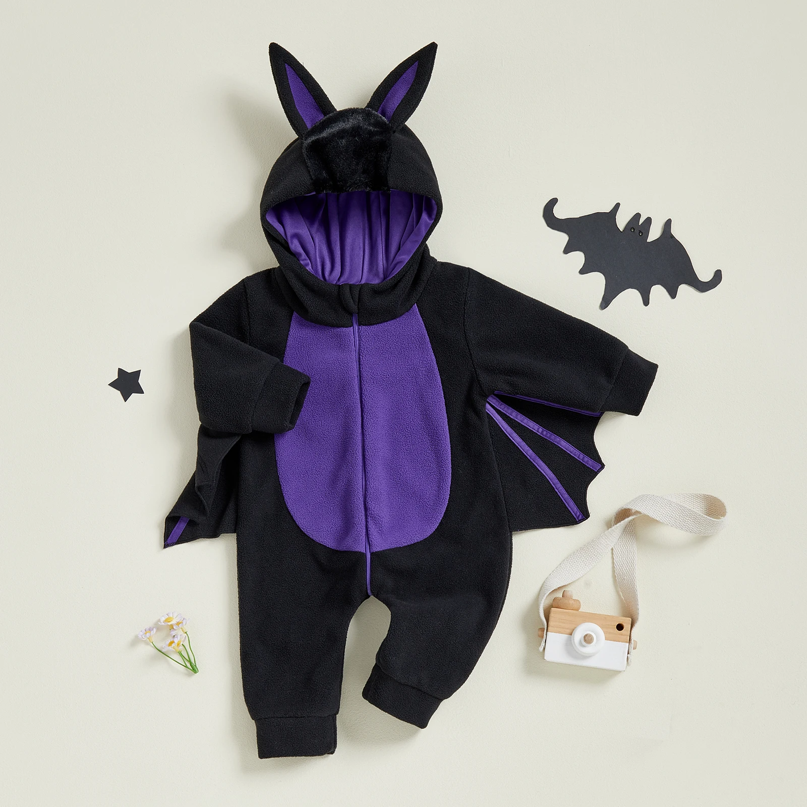 Disfraz de Halloween de murciélago para bebé, peleles de manga larga con capucha frontal y cremallera en la oreja de murciélago de peluche - imagen 3