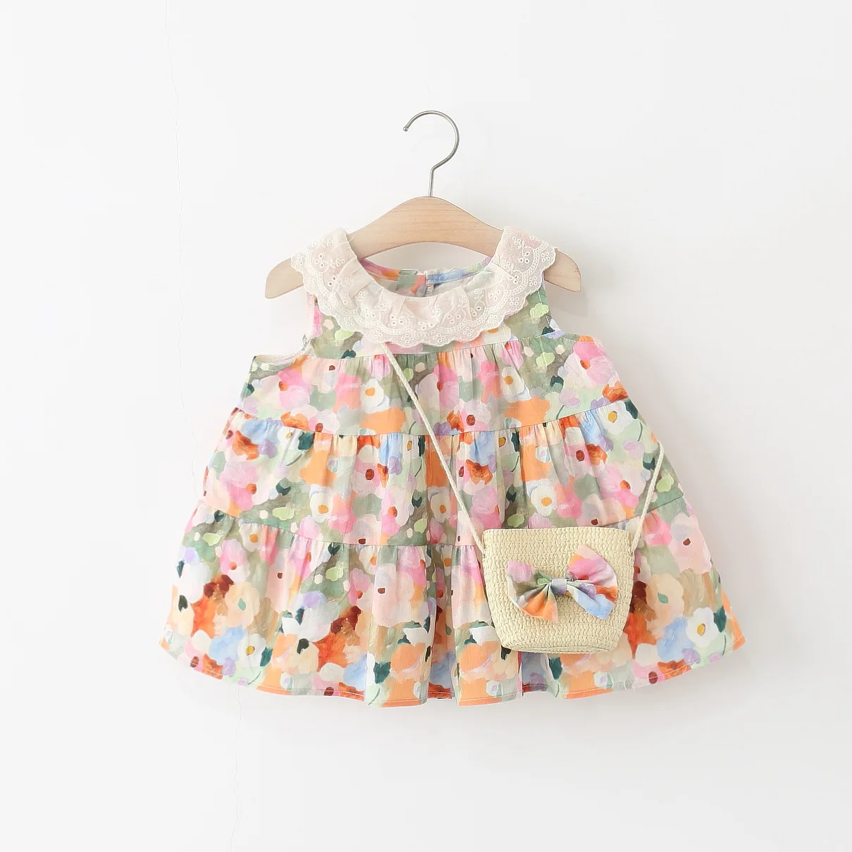 Ropa de verano para niñas pequeñas, 2 piezas, moda coreana, bonito cuello de muñeca, sin mangas, estampado, vestidos de princesa para bebés + bolsa, vestido para niños B034 - imagen 2