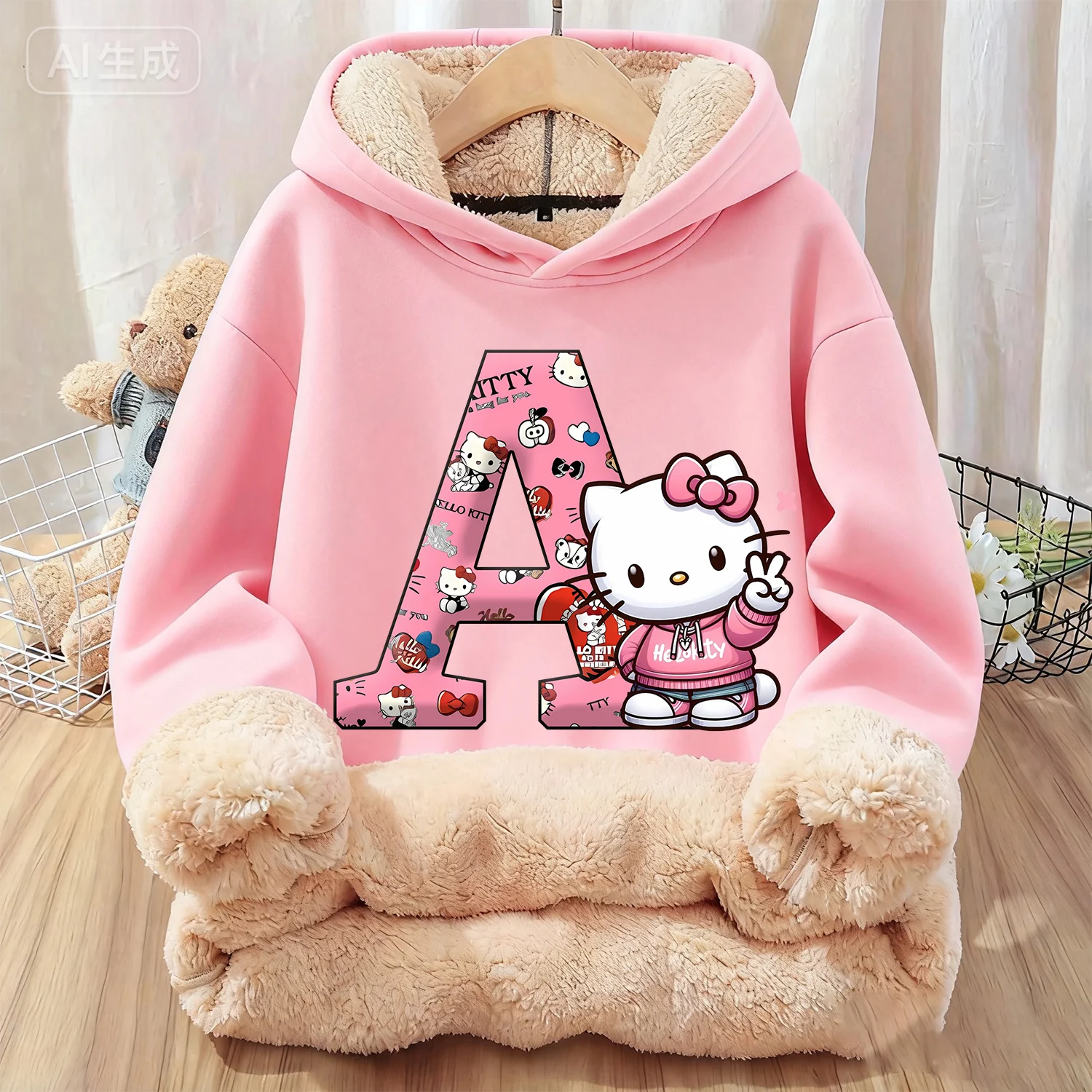 Sudadera gruesa con capucha de Hello Kitty para niños, ropa de dibujos animados, sudadera de lana Kawaii, ropa con capucha cálida rosa para invierno, regalo para niños - imagen 2