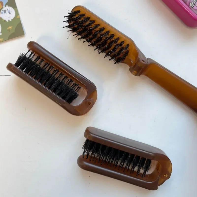 Peines para el cabello de melena de cerdo, peines de masaje para estilizar la cabeza, cepillo de pelo antiestático plegable portátil para mujer, accesorios de estilismo para peluquero - imagen 4