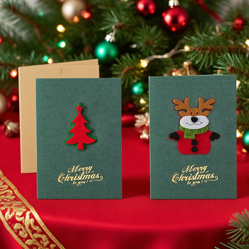 Juego de tarjetas de felicitación navideñas, papel nacarado, invitaciones de fieltro 3D, Papá Noel, muñeco de nieve, alce, árbol de Navidad, recuerdo de estilo mixto, 8 Uds. ZYF - imagen 4