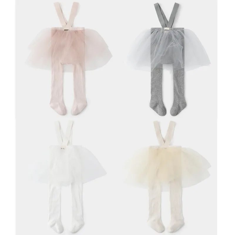 Medias de algodón peinado suave para niñas pequeñas, pantimedias de punto elásticas de Color sólido con falda tutú para niñas pequeñas de 1-2 años - imagen 4