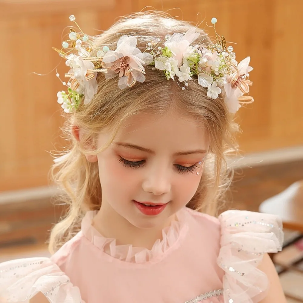 Diadema elegante para niñas, tocado de perlas lmitadas, corona de flores para niñas, guirnalda para la cabeza, diademas de boda para el cabello - imagen 3
