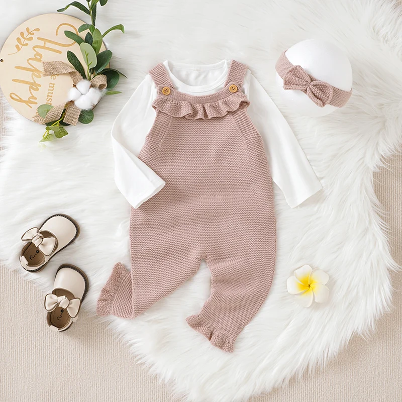 2 unids/set de peleles para bebé recién nacido, ropa lisa sin mangas de punto, monos con tirantes para niñas, trajes con diadema, disfraces para niños pequeños