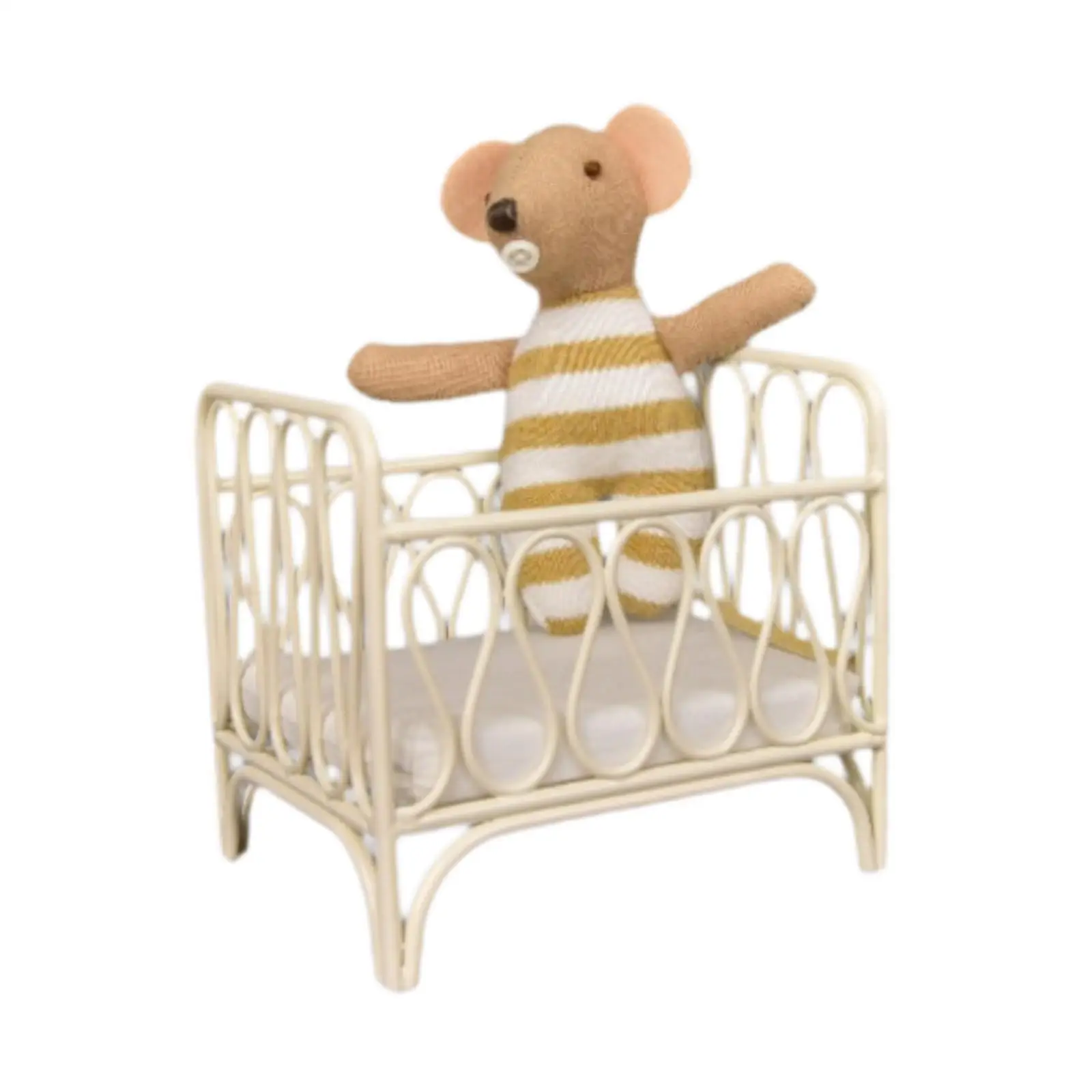 1/12 Dollhouse Bedside Crib Miniature Furniture Room Tiny Crib Small Mice Doll for Role Play Landscape Decorations Gift Decor