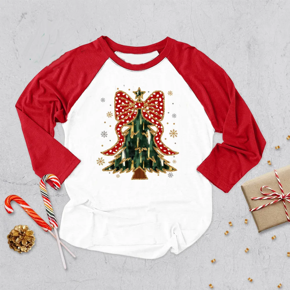 Christmas Tree Bow Print Christmas Kids Shirts Long Sleeve Raglan Boys Girls Graphic Tee Xmas Child Tees Holiday Party Gift Tops - imagen 3