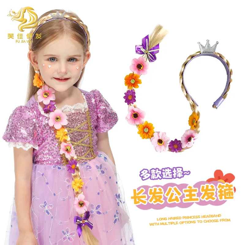 Peluca de princesa con trenzas florales y pelo largo para niños - imagen 4