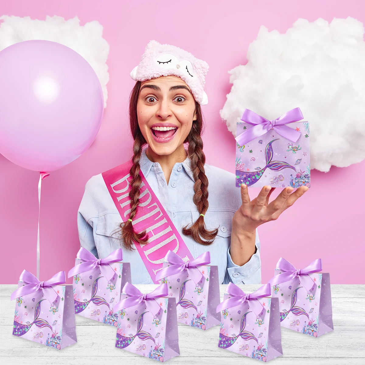 Caja de dulces de cola de sirena con lazo, bolsa de papel para embalaje de regalo, cajas de palomitas de maíz, recuerdos pequeños para niños, decoraciones para fiesta de cumpleaños de sirena - imagen 5
