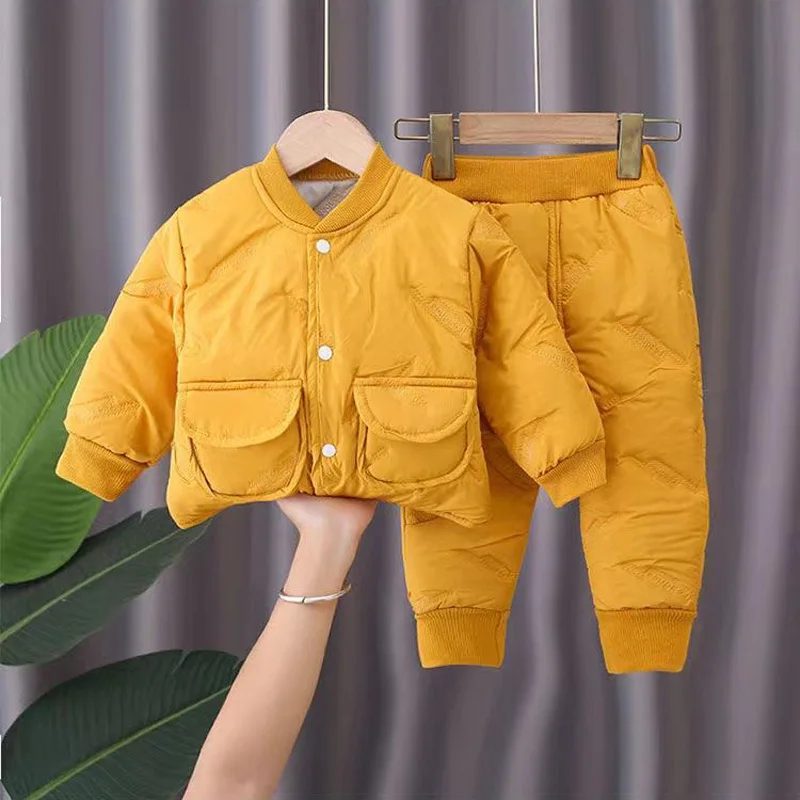 Traje cálido acolchado para niños y niñas, ropa informal de Color puro, Tops, pantalones, ropa de manga larga transpirable, Otoño e Invierno