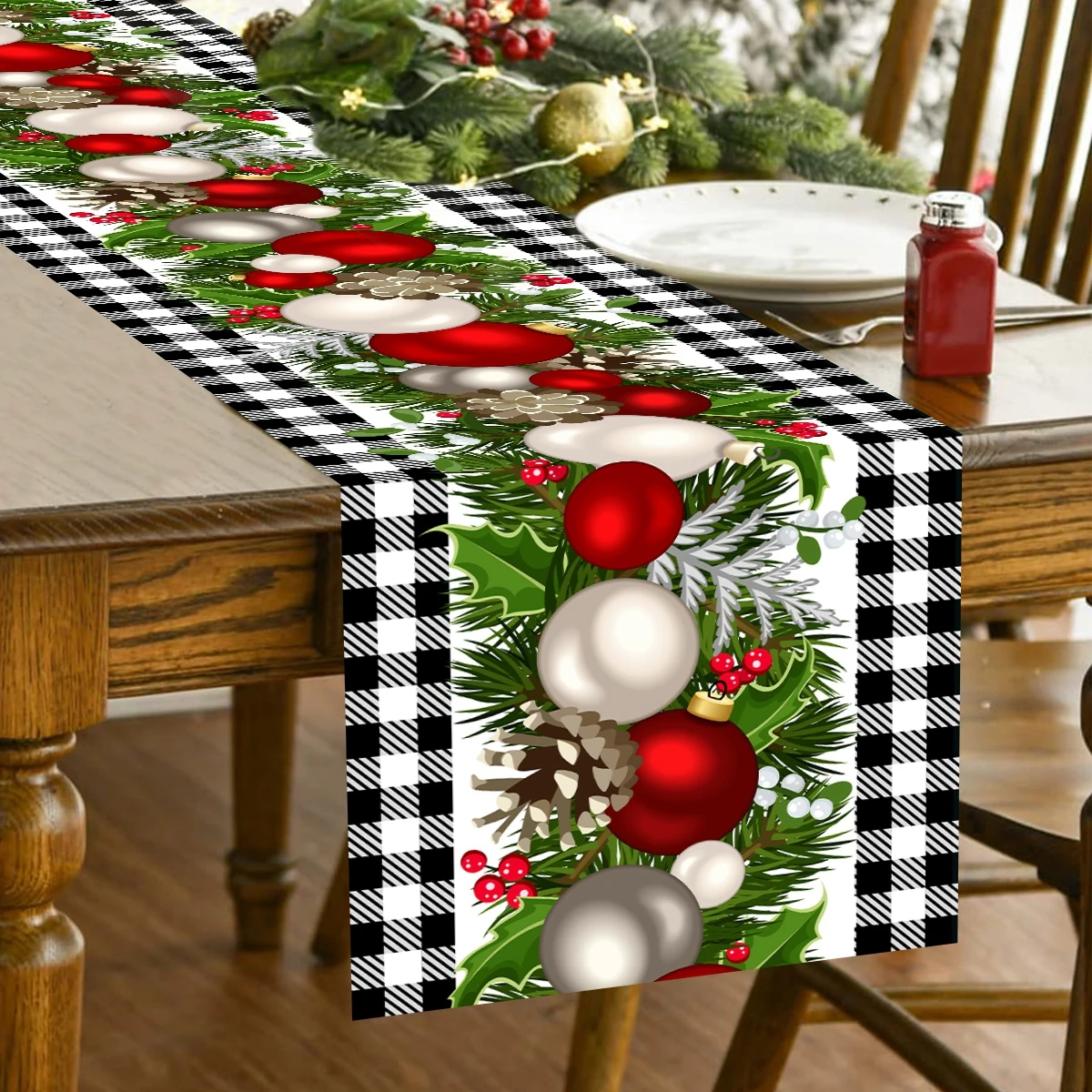 Camino de mesa a cuadros de búfalo rojo rosa blanco, decoración de Navidad, vacaciones, boda, fiesta, invierno, 2025 ﻿ - imagen 3