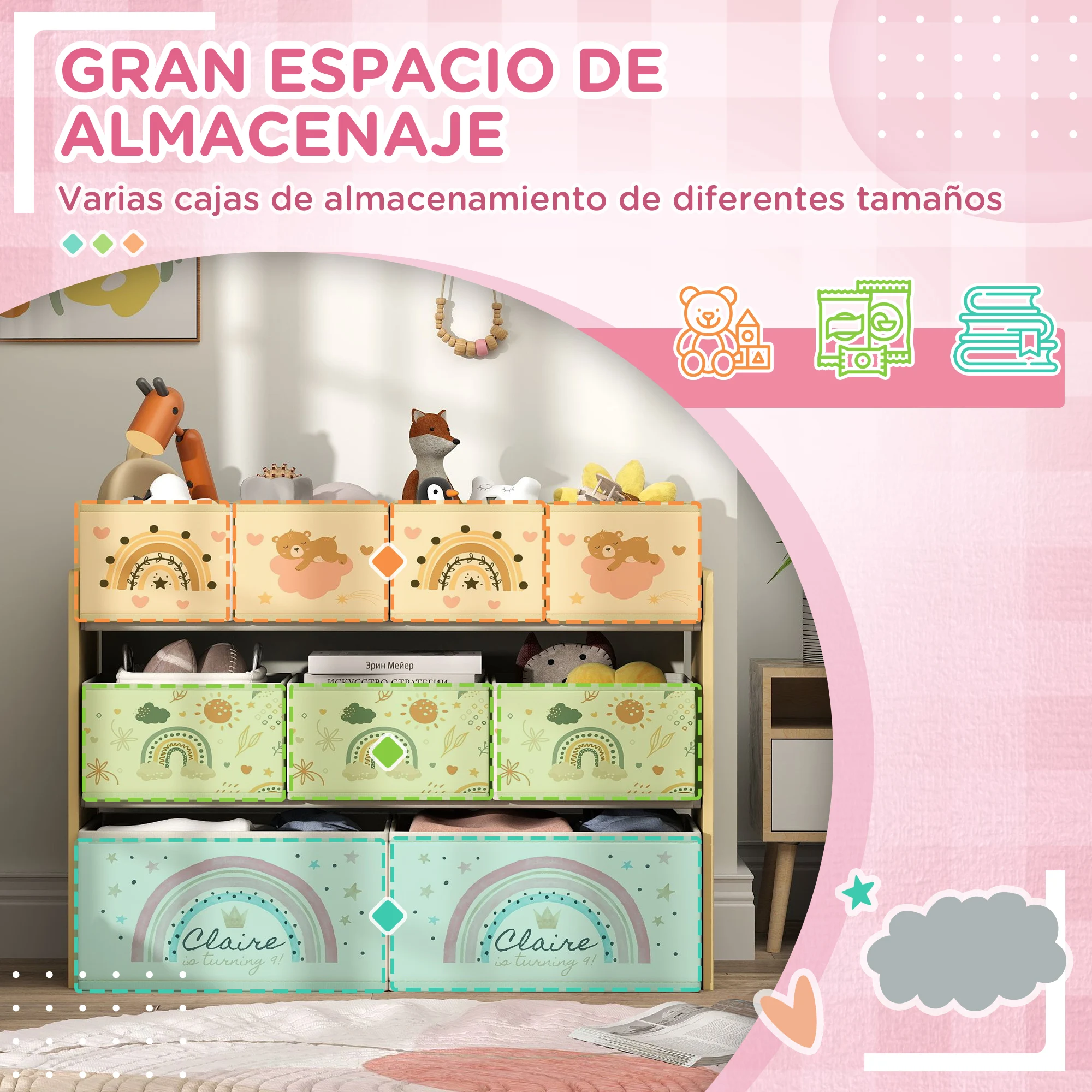 AIYAPLAY Estantería para Juguetes para Niños Organizador de Juguetes con 9 Cestas de Tela no Tejida para Guardería Sala de Juegos 93x30x70 cm Amarillo - imagen 4