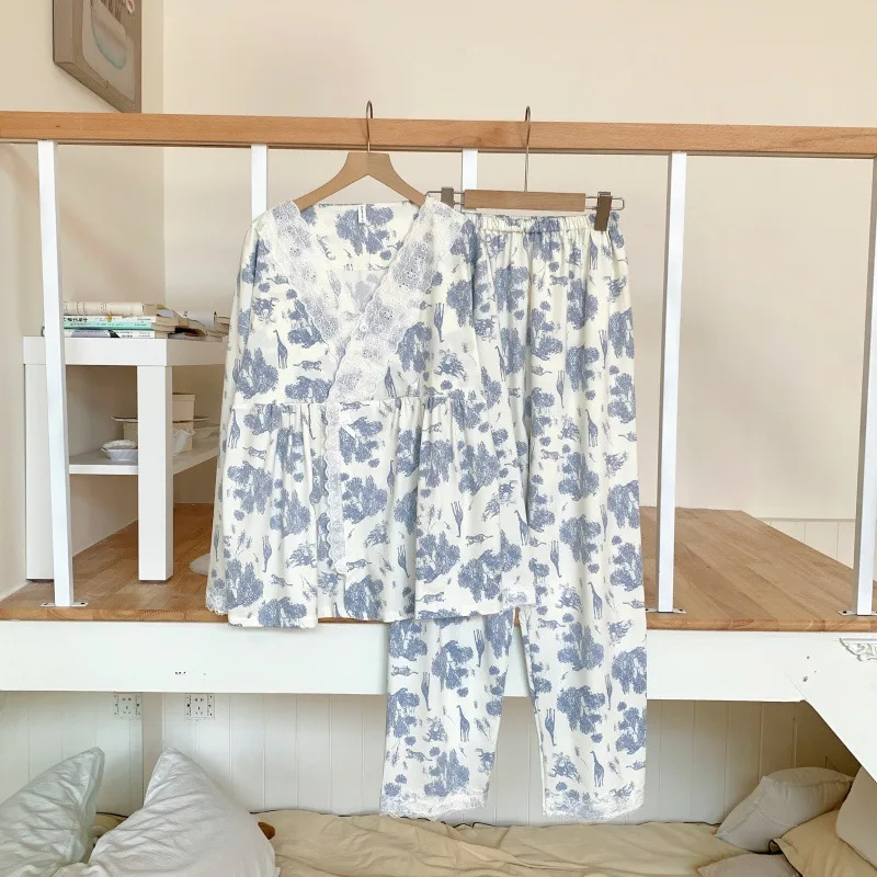 Pijama de maternidad con cuello en V para amamantar - Invierno - imagen 2