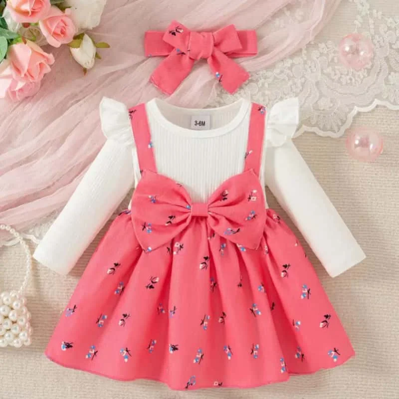 2 unid/set vestido de niña para niños franjas de diferente Color flores rotas vestido de princesa con lazo grande + diadema 0-24 meses vestido de moda para bebés - imagen 5