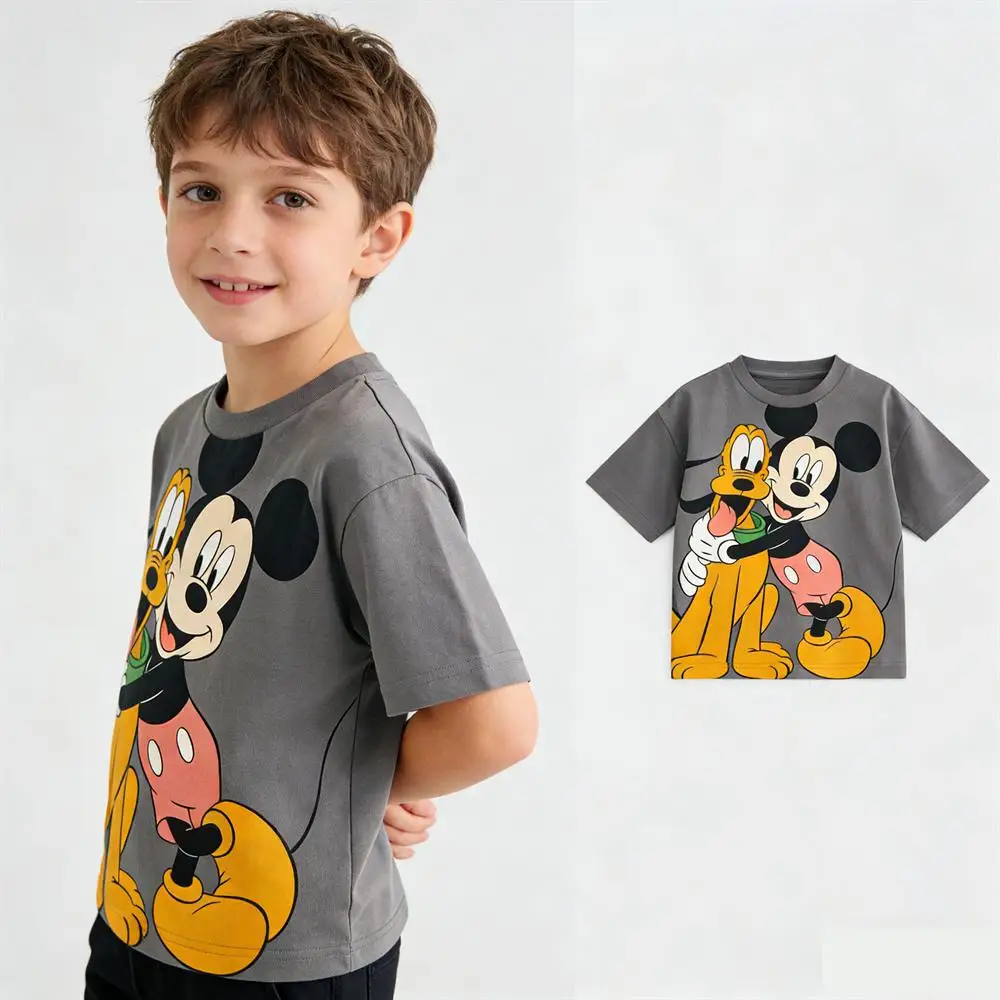 Camisetas de Mickey Mouse, ropa infantil de Disney, ropa de algodón puro, encantadoras camisetas con cuello redondo, moda infantil, manga corta sencilla y versátil