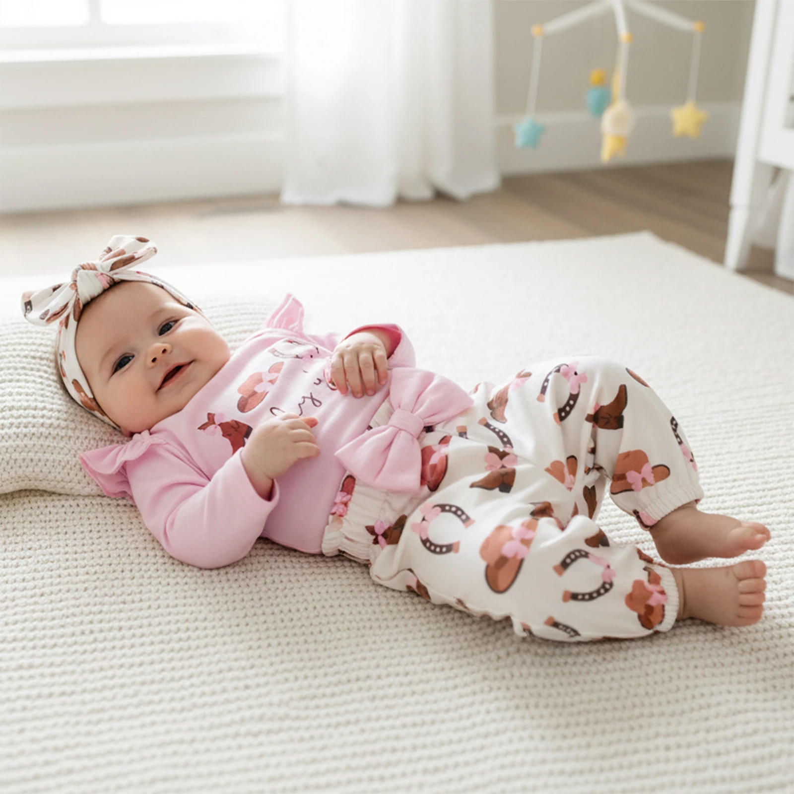 Suefunskry Conjuntos de ropa para niña, botas occidentales de moda, mameluco estampado de manga larga con pantalones, diadema, trajes de otoño de 3 piezas - imagen 2