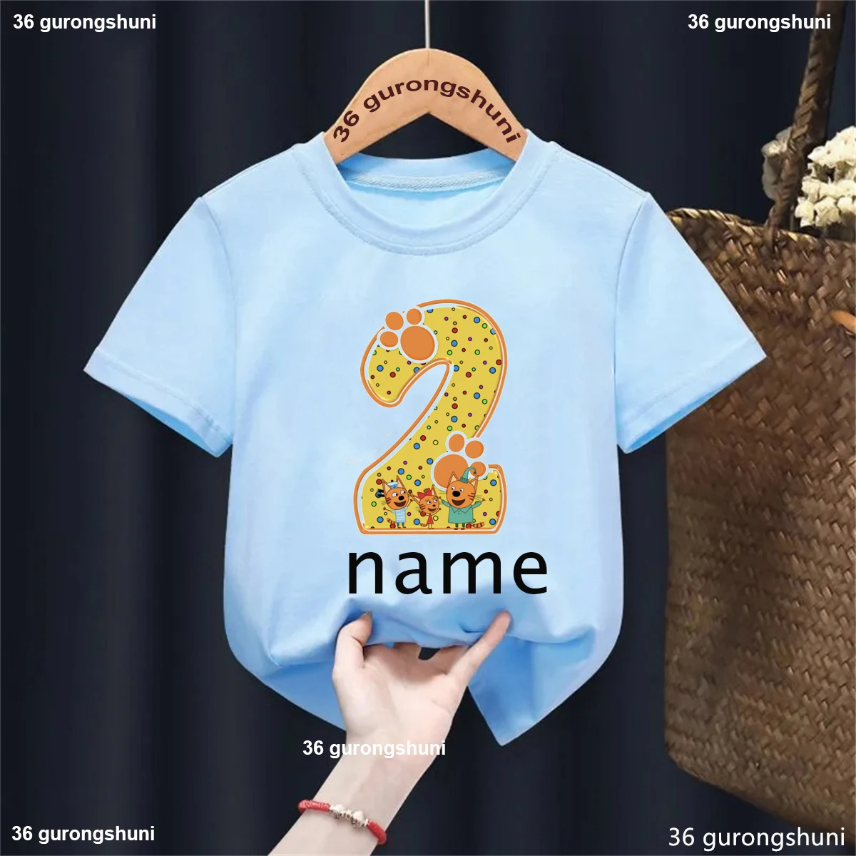 Camiseta con nombre personalizado para niños y niñas, ropa divertida de gato familiar, Harajuku, color liso, regalo de cumpleaños, 1, 2, 3, 4. ° - imagen 3