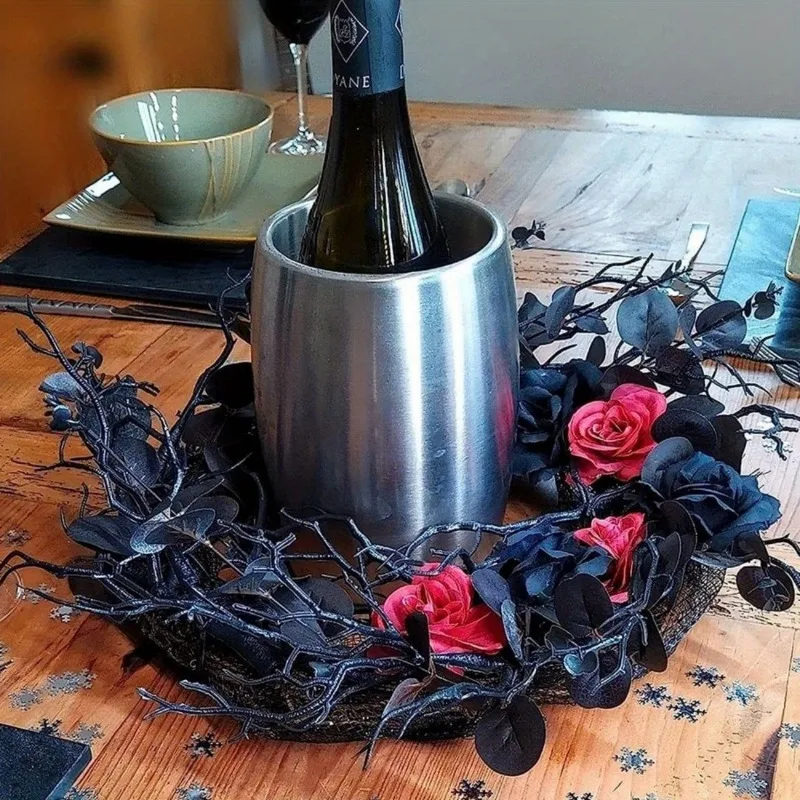 Couronne de porte d'halloween 15.7 pouces, feuilles d'eucalyptus, Rose rouge, noire, joyeux Halloween, couronne artificielle, décoration gothique pour la maison - imagen 2