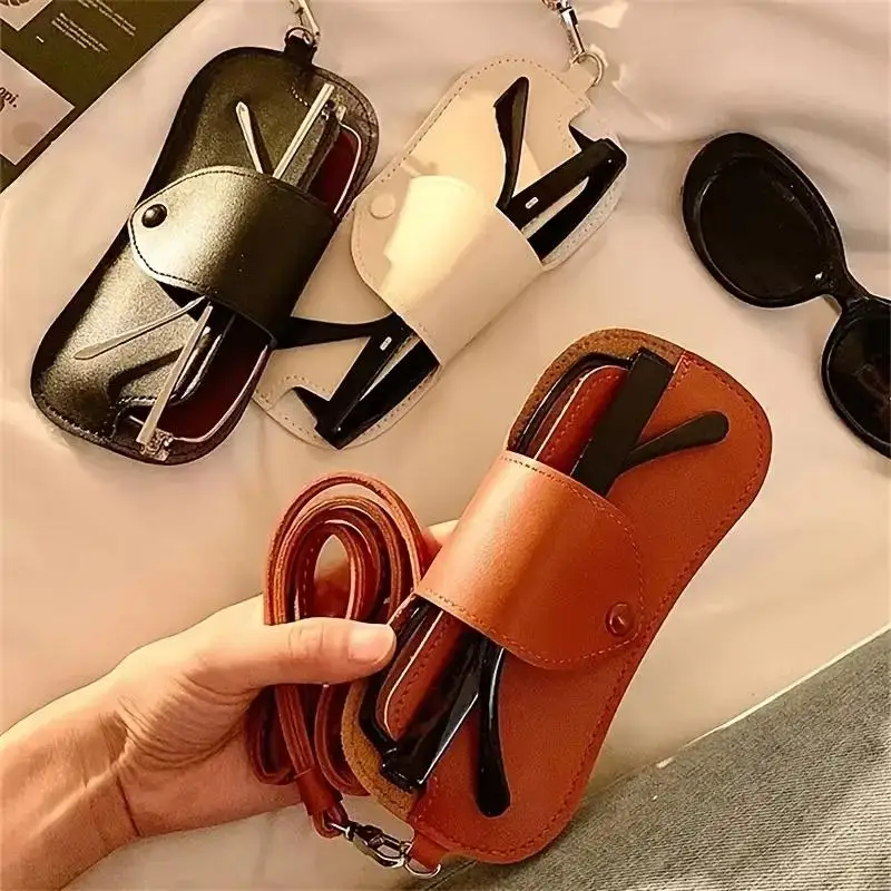 Estuche para gafas de sol para hombre y mujer, traje de cuero PU, soporte para gafas colgante para el cuello, funda portátil con cordón para viajes de negocios - imagen 5
