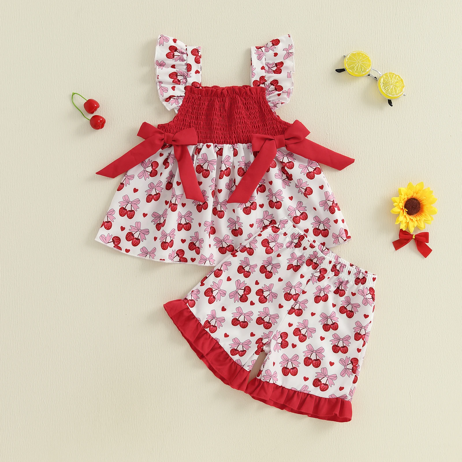 Conjuntos de verano para niñas con estampado de sandía/cereza, camisetas con mangas voladoras y pantalones cortos elásticos, ropa bonita de moda - imagen 2