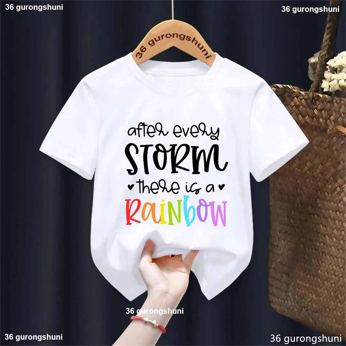 After Every Storm These Is A Rainbow Letter Printed Tshirt Girls/Boys Funny Kawaii Kids Clothes Harajuku Shirt Solid T-Shirt - imagen 2