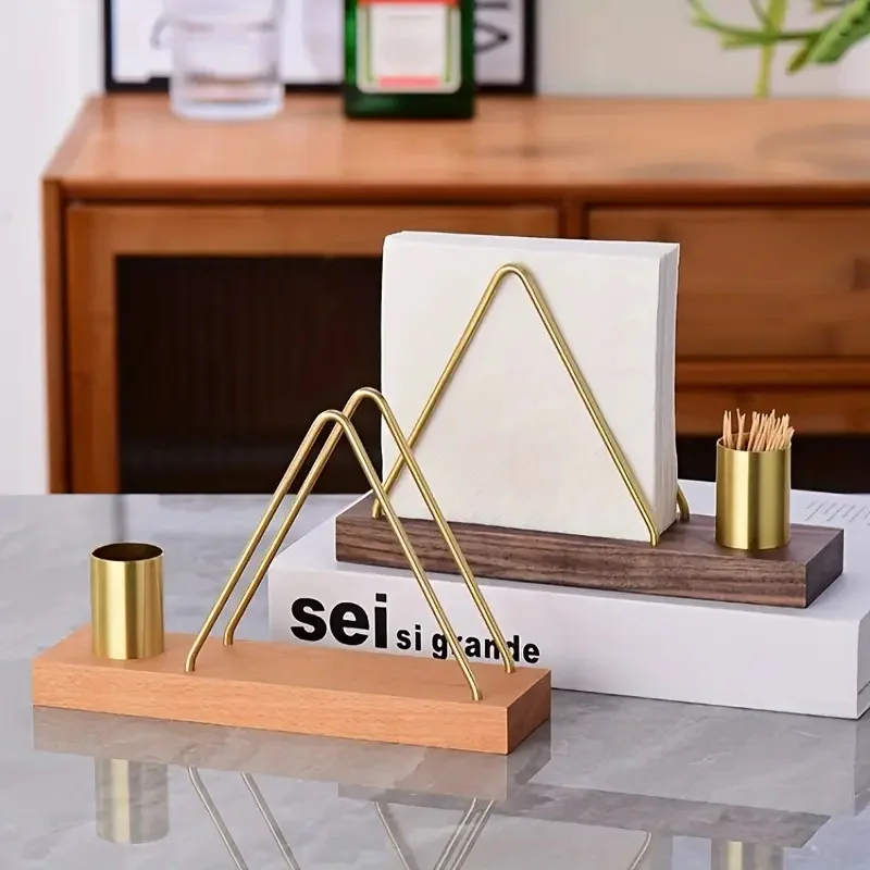Solid Wood Tissue Holder Home Napkin Container Gold Metal Napkin Tissue Case for Hotel Restaurant Decoration Kitchen Accessories