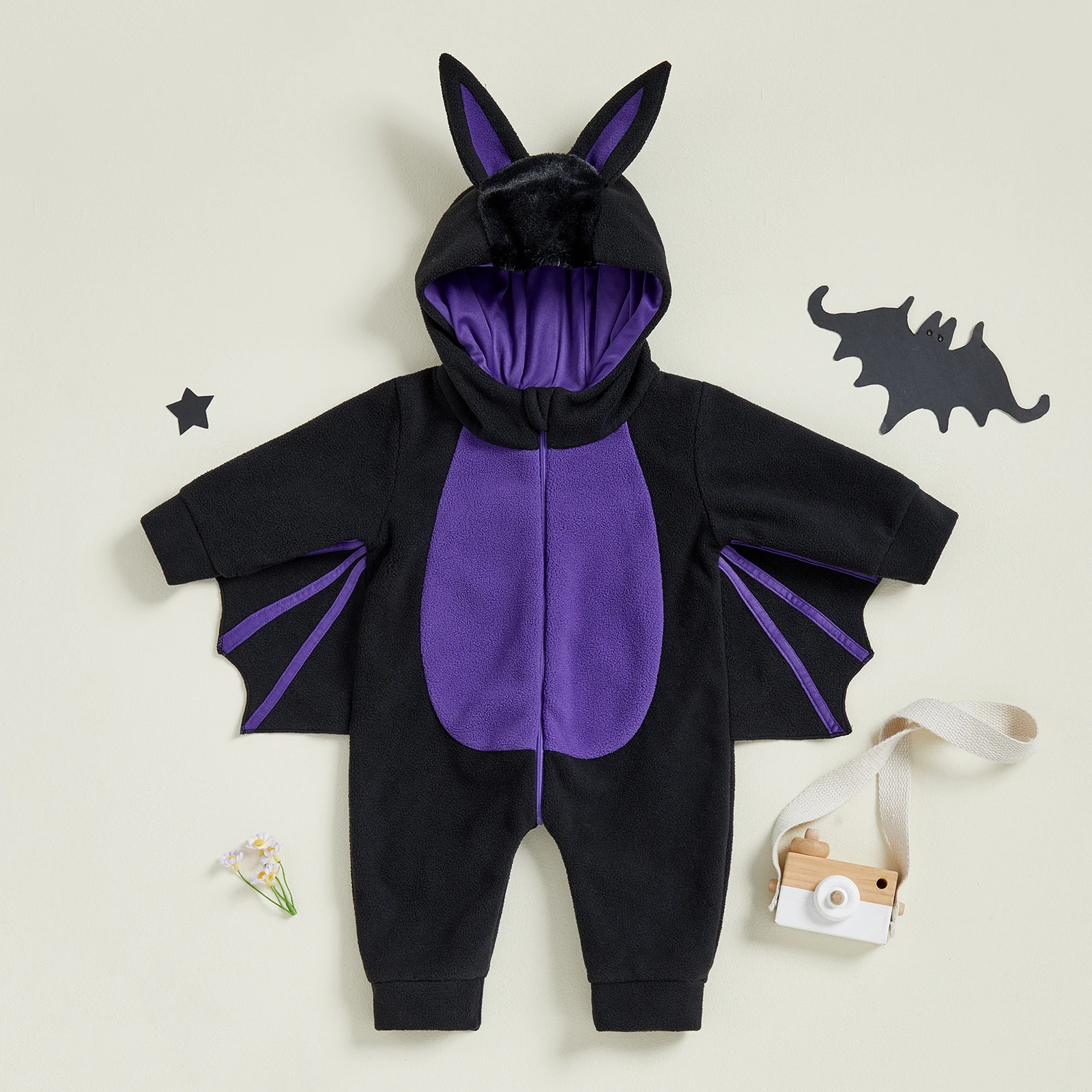 Disfraz de Halloween de murciélago para bebé, peleles de manga larga con capucha frontal y cremallera en la oreja de murciélago de peluche