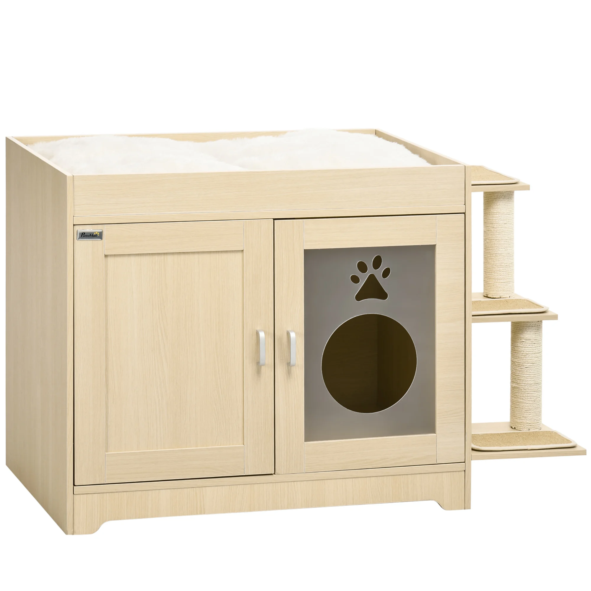 PawHut Arenero para Gatos de Madera con 2 Puertas Mueble Arenero para Gatos con Cama Cojín Suave 3 Plataformas y Postes de Sisal 107x54x70 cm Roble