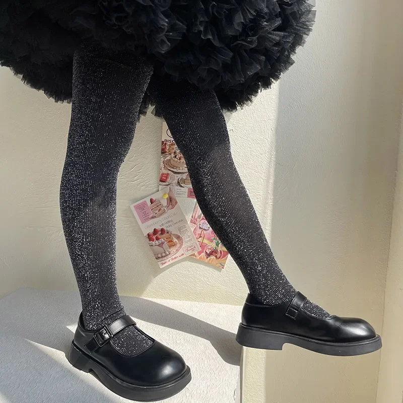 Pantimedias para chico y niña, medias ajustadas de terciopelo con purpurina plateada sólida de estilo europeo para niña de 0 a 12T, medias de Ballet para primavera y otoño