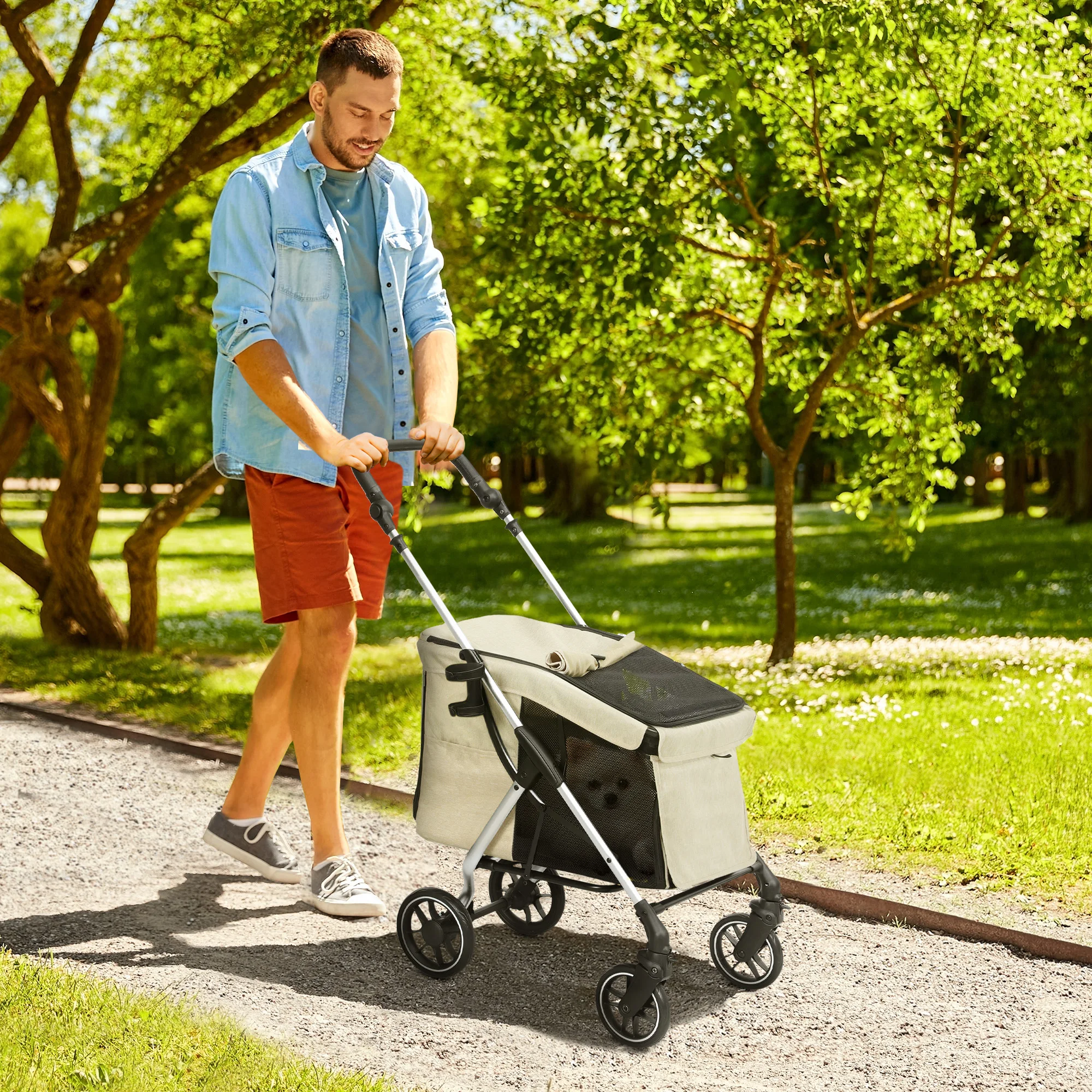 Carrito para Perros Plegable Cochecito para Perros Pequeños con Ruedas Universales Marco de Aluminio Correa de Seguridad Cojín Lavable y Ventanas 80x48,5x106 cm Caqui