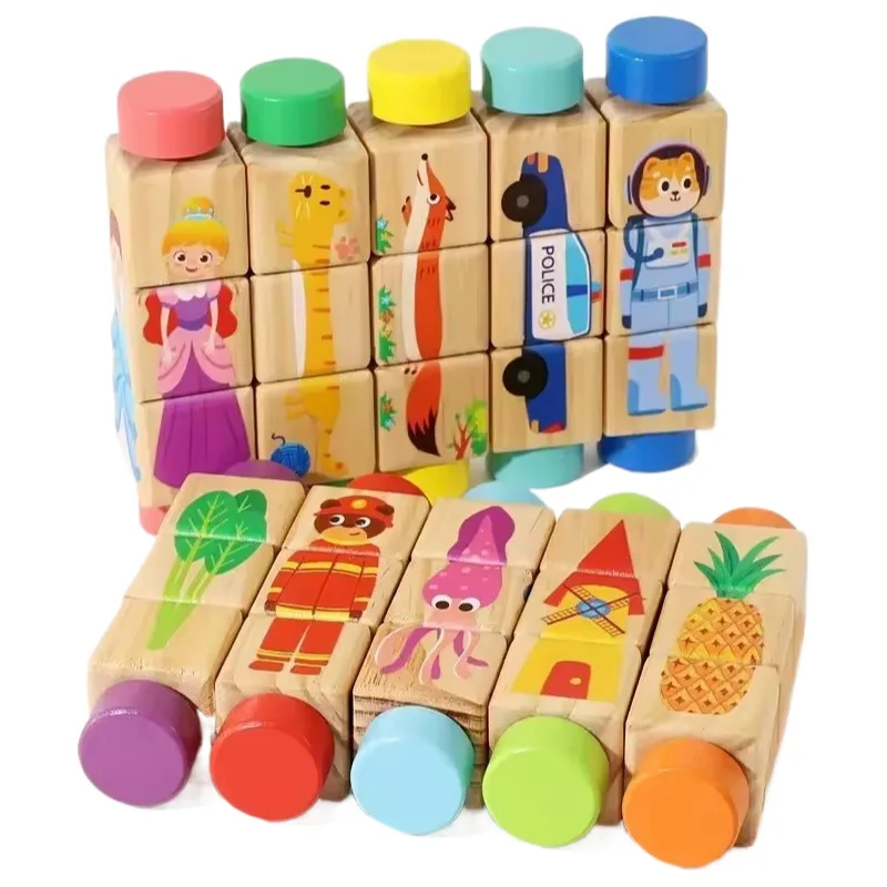Rompecabezas de madera giratorio de dibujos animados de animales/fruta/vehículo, juego de rompecabezas cognitivo a juego, juguetes educativos Montessori para niños - imagen 2