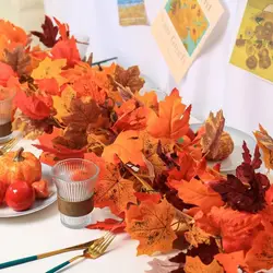 Hojas de arce rojas creativas de otoño, hojas de arce de seda de 1,7 m, hojas de arce simuladas, hoja de arce doble realista