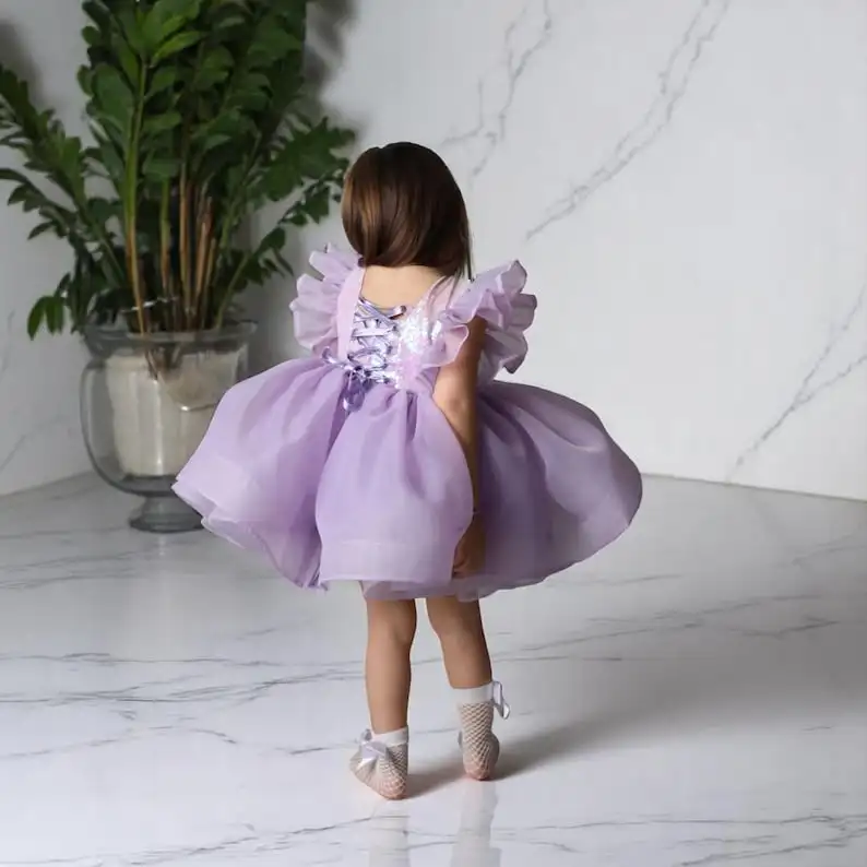 Vestido de niña de flores de tul con lentejuelas moradas hecho a mano, ropa de bebé, vestido para niñas recién nacidas - imagen 4