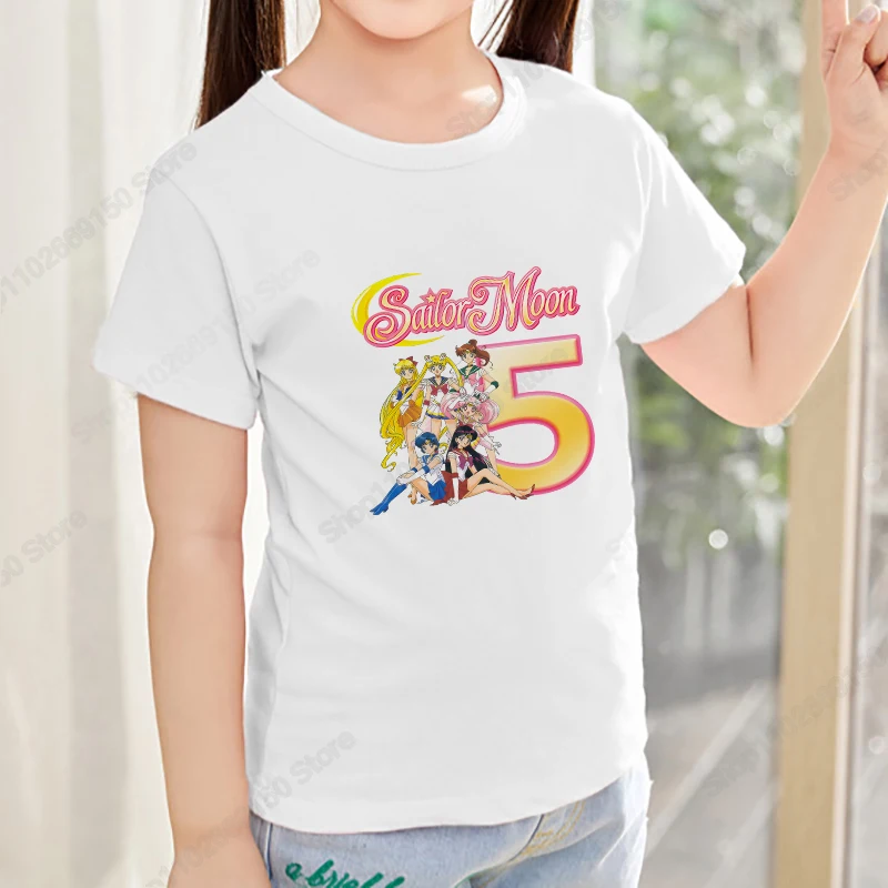 Camiseta con estampado de dibujos animados Sailor Moon para niño, Top de algodón de Anime, ropa informal de moda para niña, camiseta con número de cumpleaños de verano, regalo - imagen 2