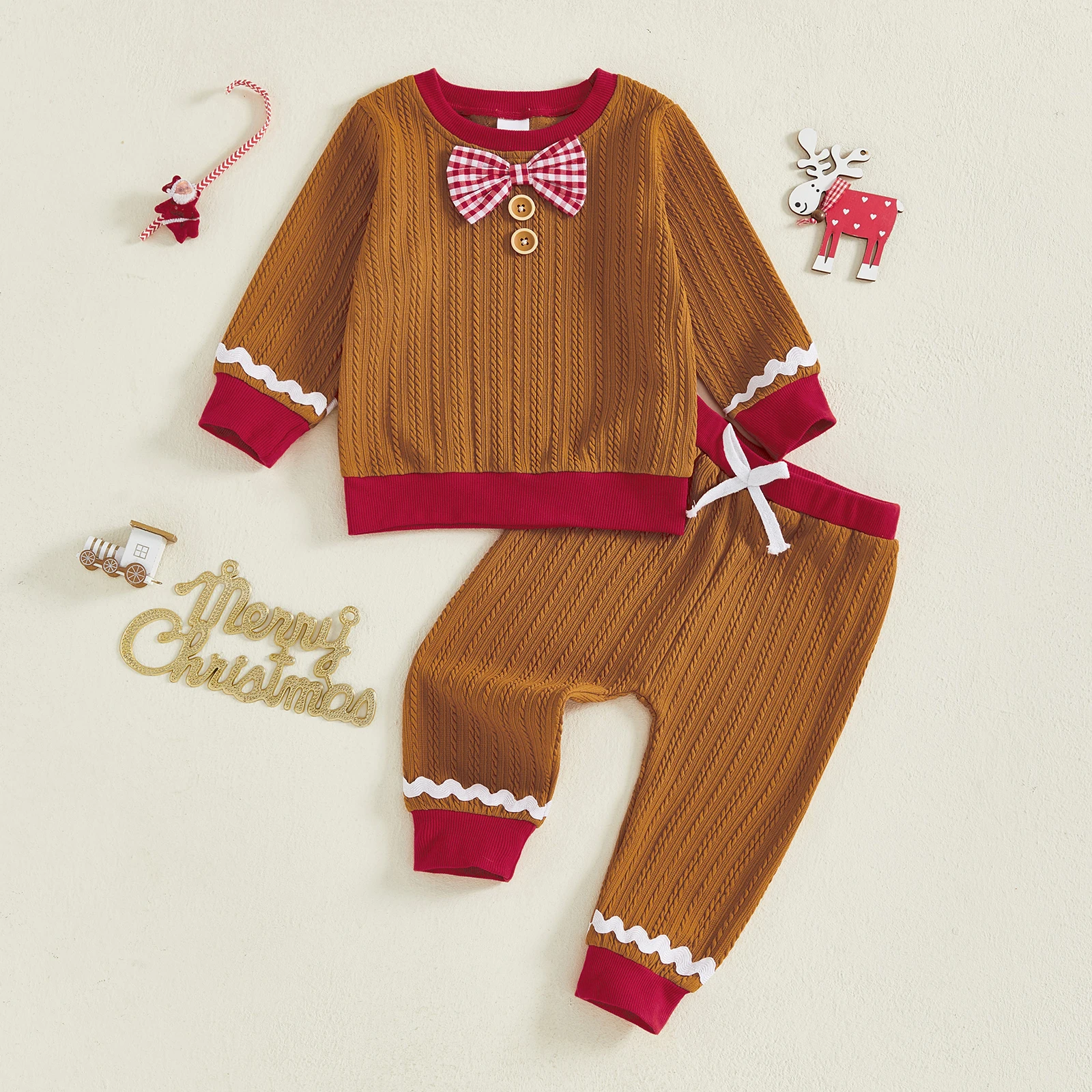Conjunto de 2 piezas de trajes navideños para bebé, jersey de manga larga con cuello redondo y pantalones de cintura elástica