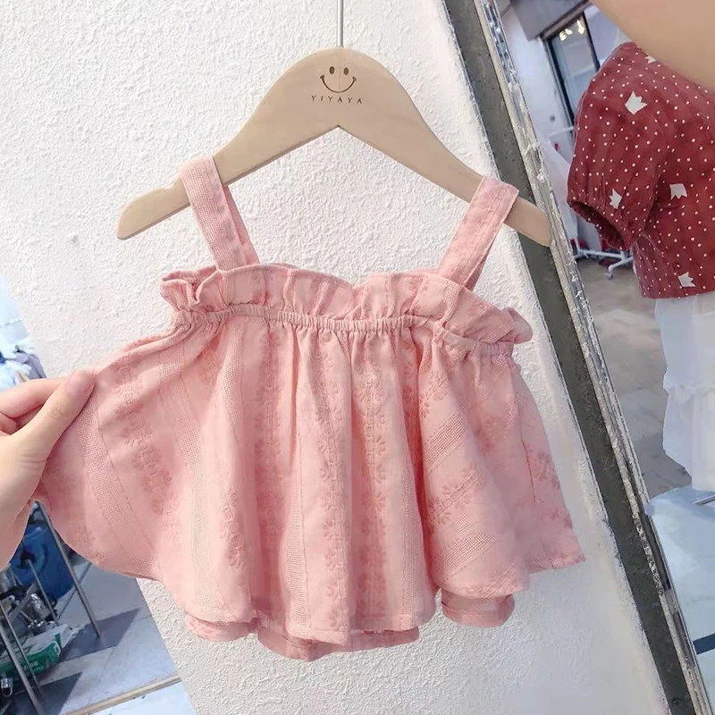 Conjuntos de trajes para niñas, ropa informal de verano para niñas, conjunto de tirantes rosas y pantalones cortos blancos, ropa para niñas - imagen 2