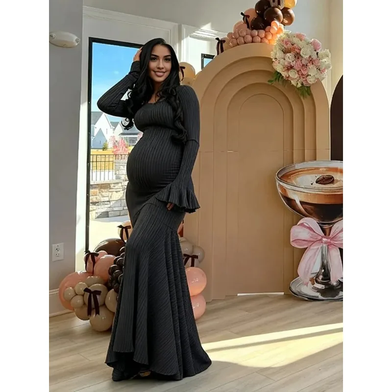 Vestido acanalado de maternidad manga larga para sesión de fotos - imagen 3