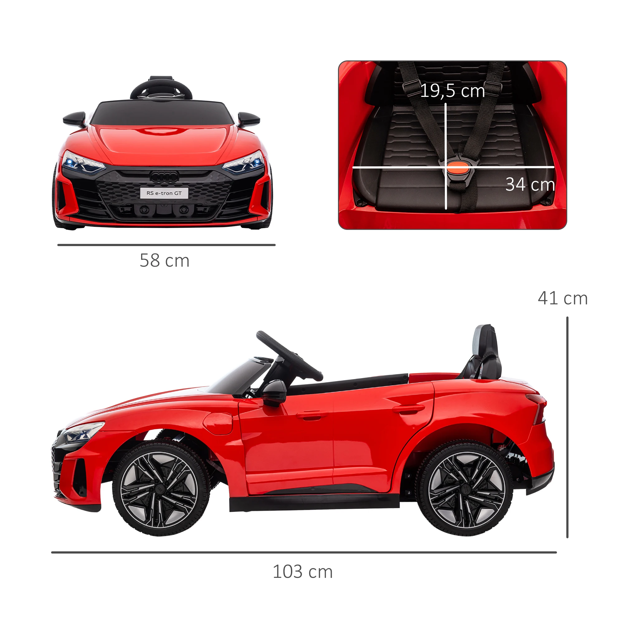 HOMCOM Coche Eléctrico para Niños de +3 Años AUDI RS e-tron GT Coche de Batería 12V con Mando a Distancia Faros LED Bocina Música USB y Apertura de Puerta 3-5 km/h Rojo - imagen 3