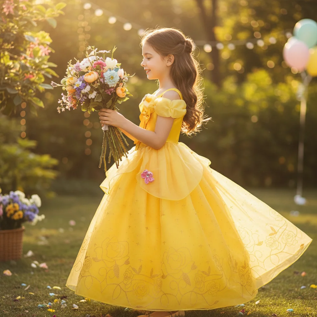 Vestido de princesa con lazo dorado y tul voluminoso para carnaval