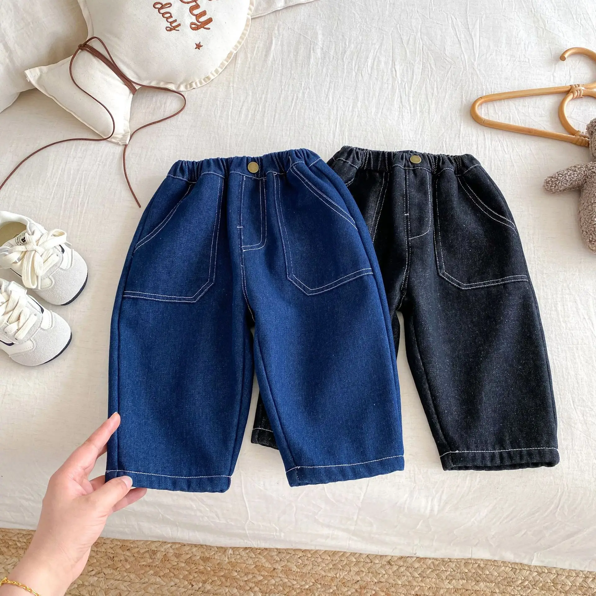 Pantalones para niños de 1 a 5 años, pantalones con forro de piel para niños, pantalones vaqueros gruesos y cálidos, pantalones vaqueros Harem sólidos - imagen 3