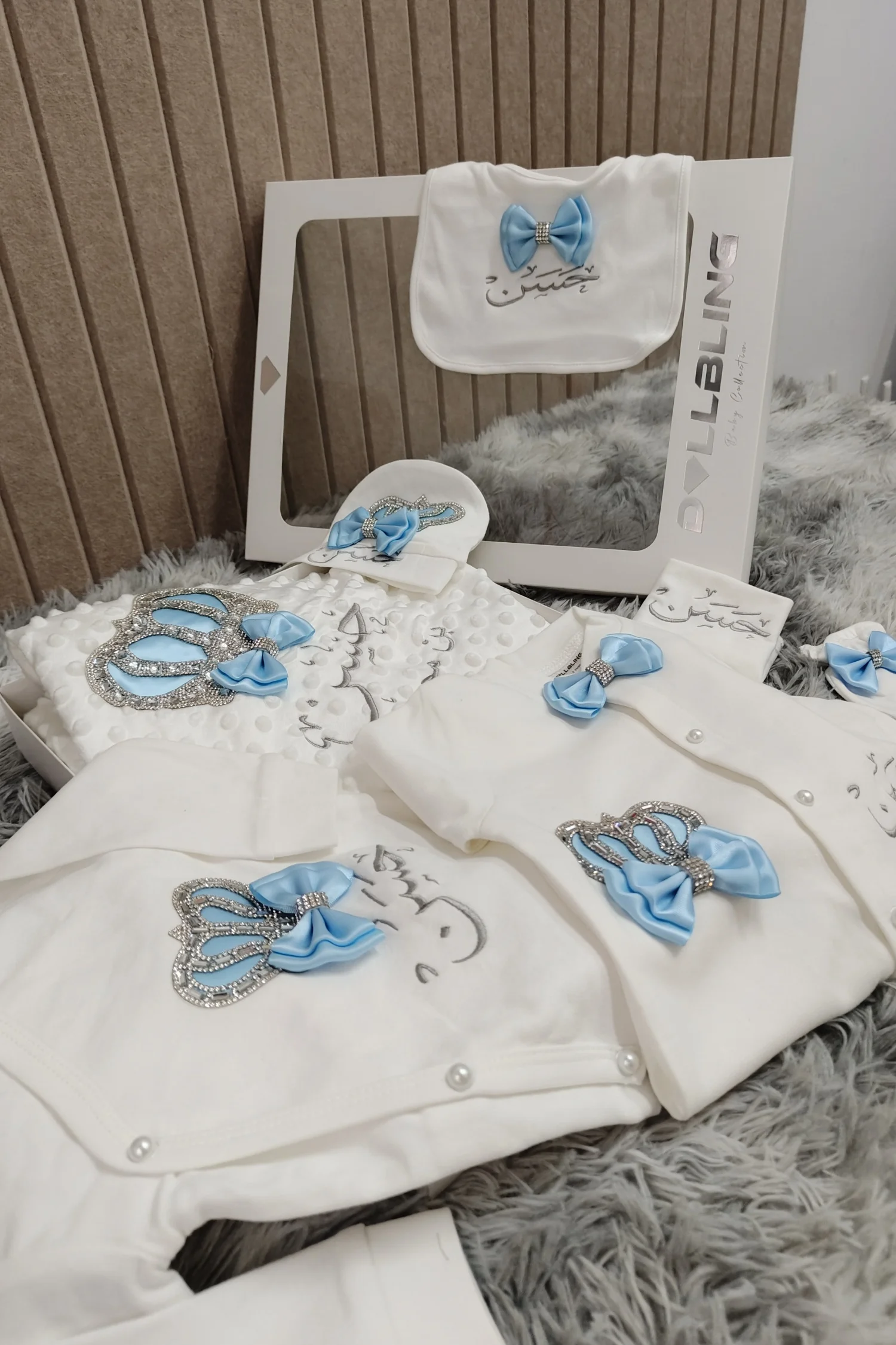 Bebé niño Príncipe salida de Hospital recién nacido Bling trajes biberones conjunto de regalo Baby Shower regalo 5 piezas corona mameluco - imagen 4