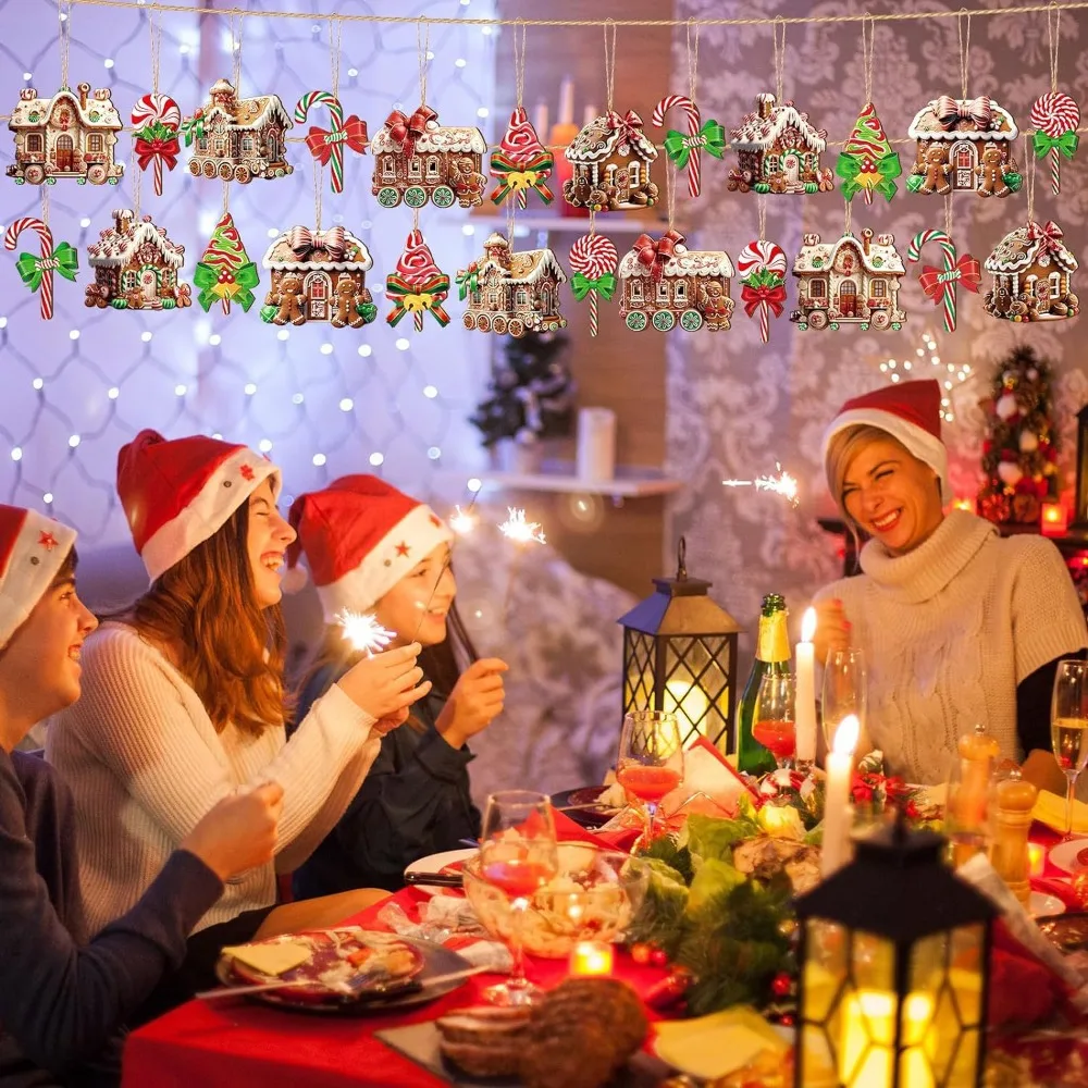 Juego de adornos de madera para árbol de Navidad, dulces de Navidad, redonda piruleta, casa de pan de jengibre, tren plano, Donut, pastel, anchuras, 12/24/36 piezas - imagen 3