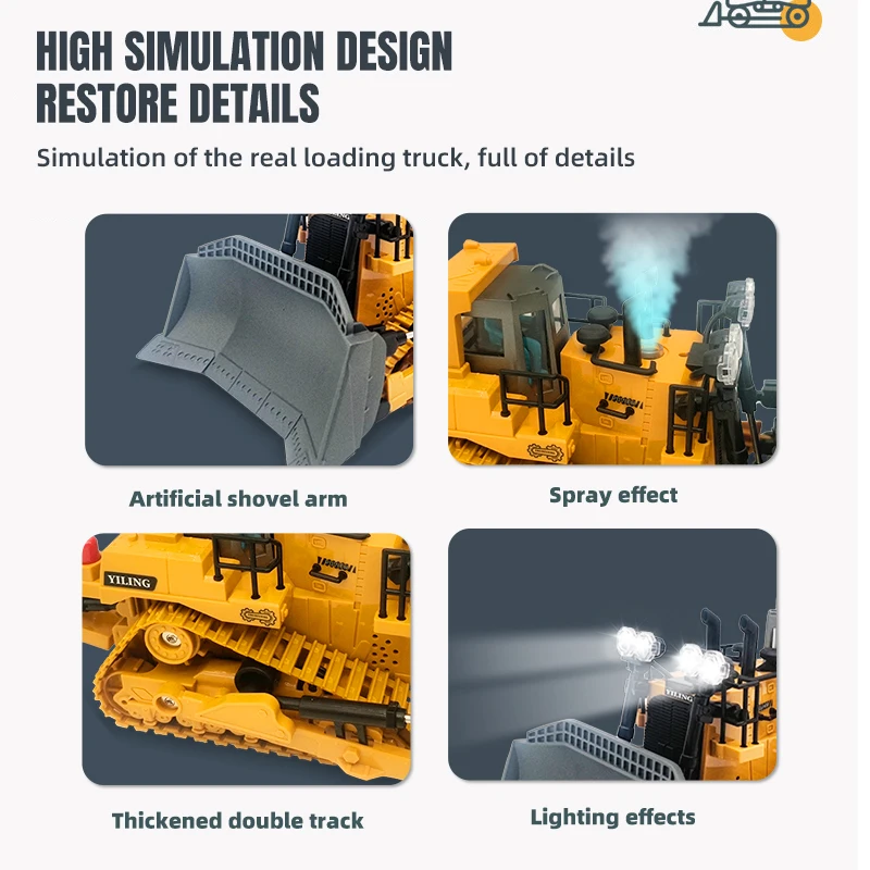 Bulldozer RC 2,4 Ghz vehículo de ingeniería 9/11CH con pista de pulverización de sonido ligero construcción excavadora de volquete de coche fundido a presión para Navidad - imagen 4
