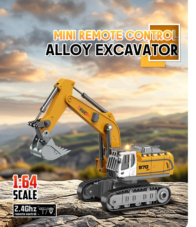 Excavadora RC 1/64 en acción mostrando su brazo y cucharón